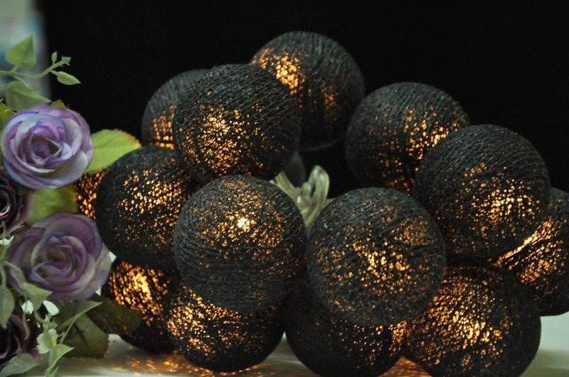 1 Set of 20 LED Black 5cm Cotton Ball Battery Powered String Lights Christmas Gift Home Wedding Party Bedroom Decoration Outdoor Indoor Table Centrepiece - Outdoorium