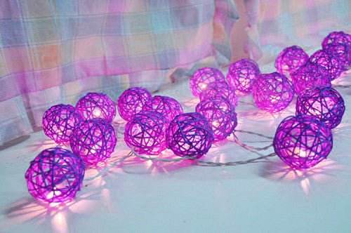 1 Set of 20 LED Cassis Purple 5cm Rattan Cane Ball Battery Powered Christmas String Lights - Outdoorium