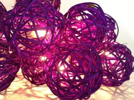 1 Set of 20 LED Cassis Purple 5cm Rattan Cane Ball Battery Powered Christmas String Lights - Outdoorium