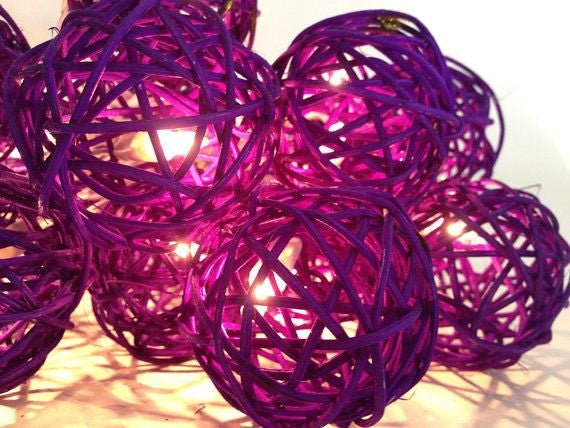Set of 20 LED Cassis Purple Rattan Cane Ball String Lights - Ideal for Christmas, Wedding, Party and Decoration - Outdoorium