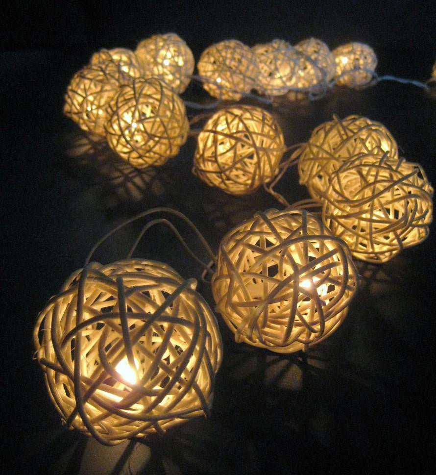 1 Set of 20 LED Cream White Rattan Cane Ball String Lights - Perfect for Christmas, Wedding, Party &amp; Decoration - Outdoorium