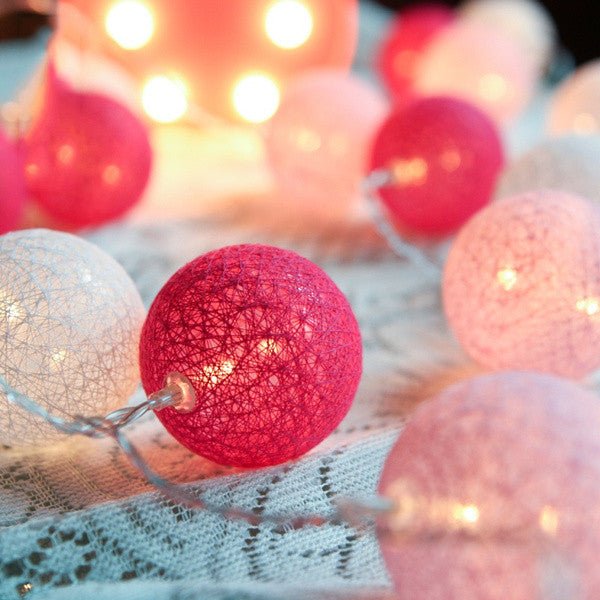Set of 20 LED Pink Cotton Ball String Lights. Perfect for Christmas, Wedding, Party, Indoor & Outdoor Decoration - Outdoorium