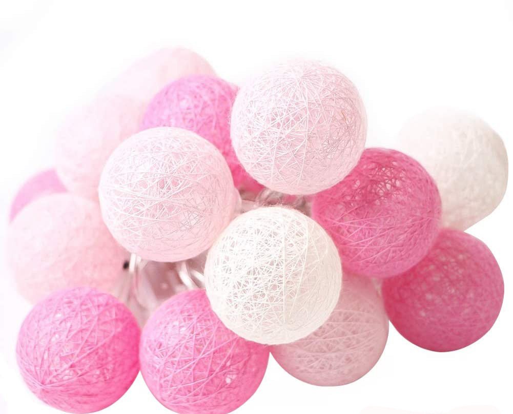 Set of 20 LED Pink Cotton Ball String Lights. Perfect for Christmas, Wedding, Party, Indoor &amp; Outdoor Decoration - Outdoorium