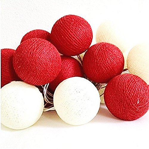 Set of 20 LED Red White Cotton Ball String Lights - Ideal for Christmas, Wedding, Indoor & Outdoor Decoration - Outdoorium