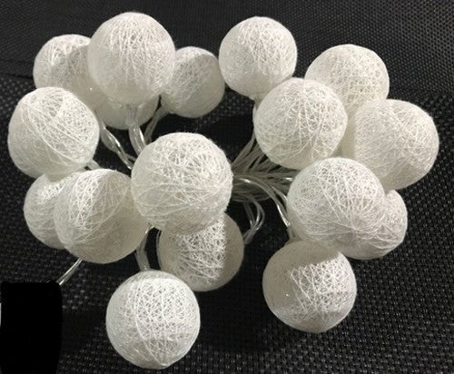 Set of 20 LED White Cotton Ball String Lights. Ideal for Christmas, Wedding, Party, Indoor & Outdoor Decoration - Outdoorium
