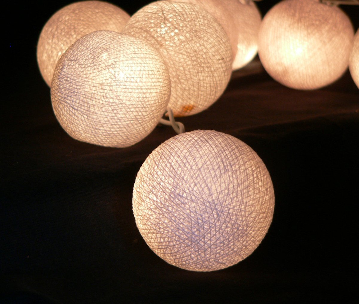Set of 20 LED White Cotton Ball String Lights. Ideal for Christmas, Wedding, Party, Indoor &amp; Outdoor Decoration - Outdoorium
