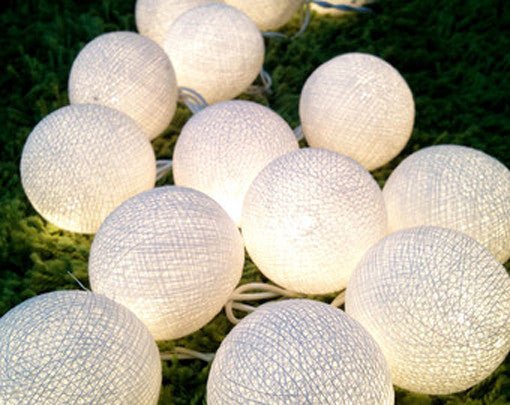 Set of 20 LED White Cotton Ball String Lights. Ideal for Christmas, Wedding, Party, Indoor &amp; Outdoor Decoration - Outdoorium