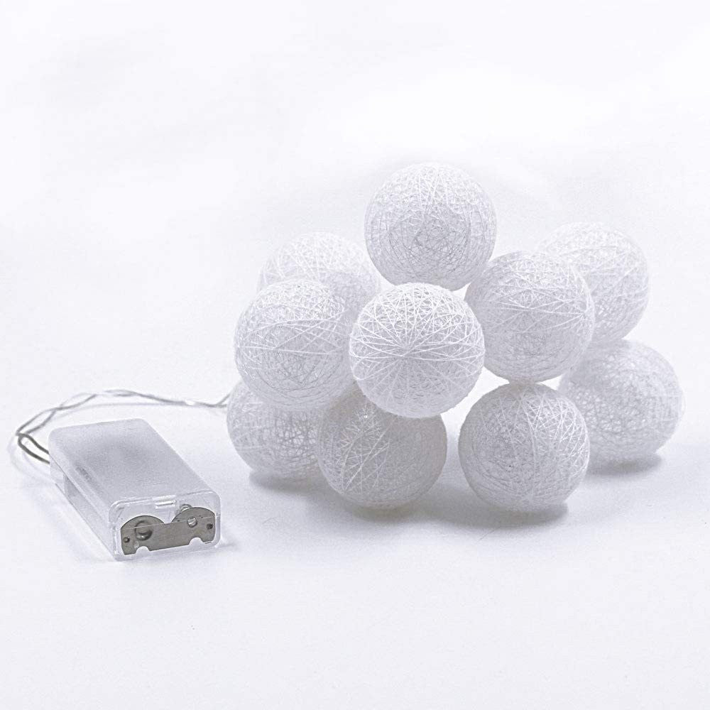 Set of 20 LED White Cotton Ball String Lights. Ideal for Christmas, Wedding, Party, Indoor & Outdoor Decoration - Outdoorium