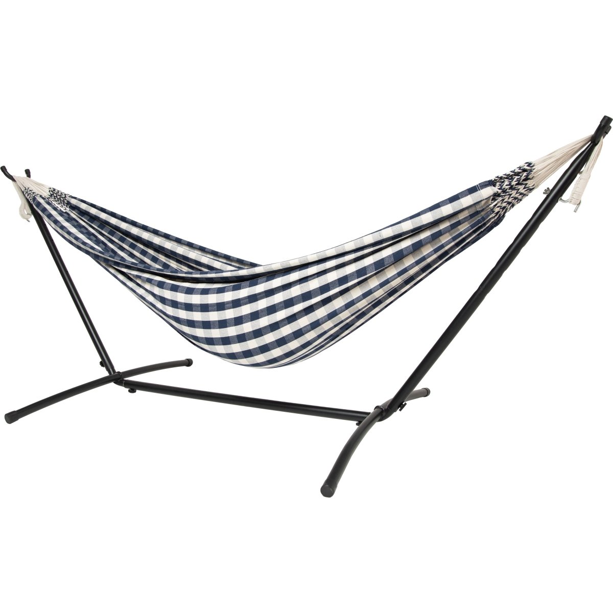 10ft Black Universal Steel Hammock Stand &amp; Authentic Double Vichy Hammock in Navy - Outdoorium