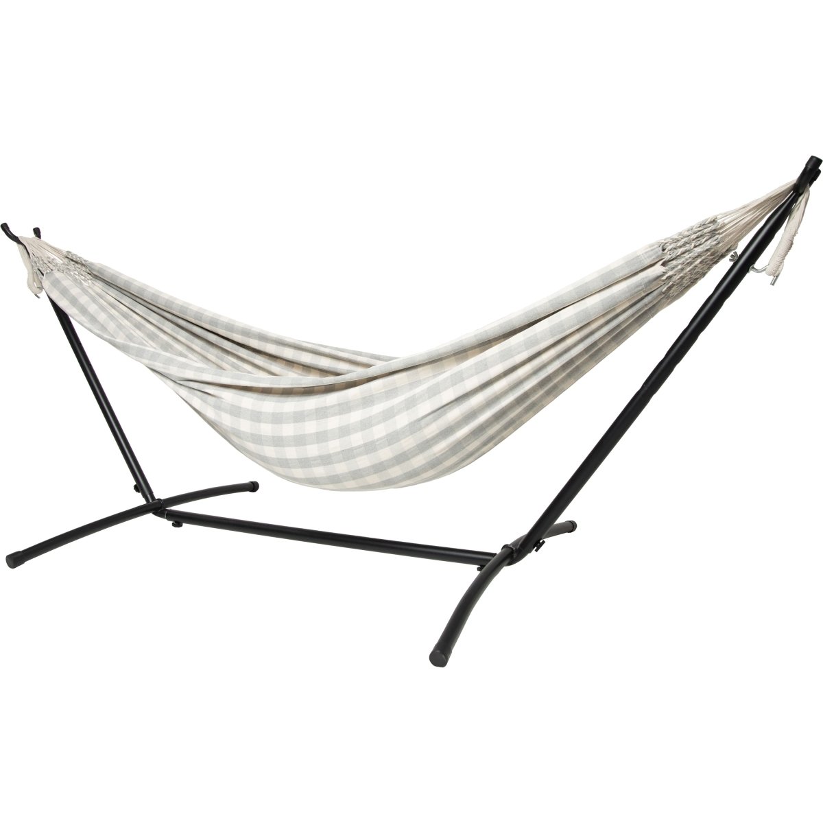 10ft Black Universal Steel Hammock Stand &amp; Authentic Double Vichy Hammock in Stone - Outdoorium