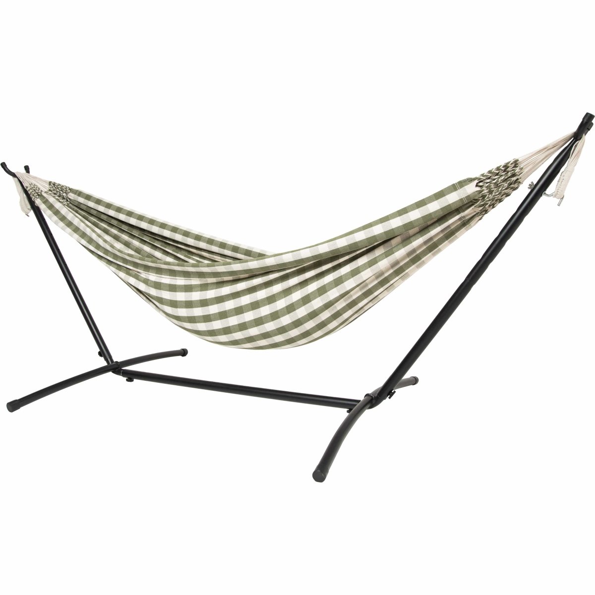 10ft Black Universal Steel Hammock Stand &amp; Authentic Double Vichy Hammock in Urban Olive - Outdoorium