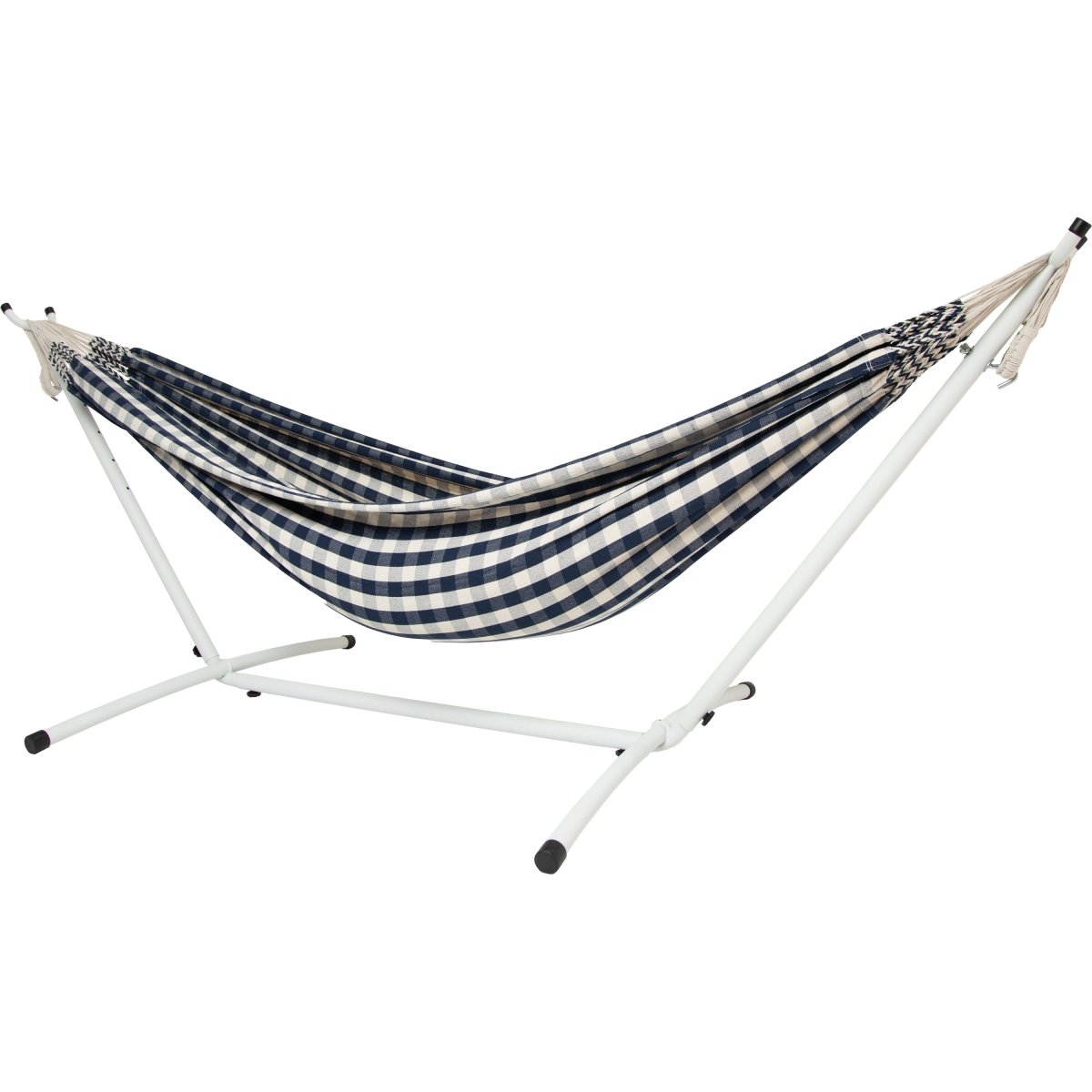 10ft White Universal Steel Hammock Stand &amp; Authentic Double Vichy Hammock in Navy - Outdoorium