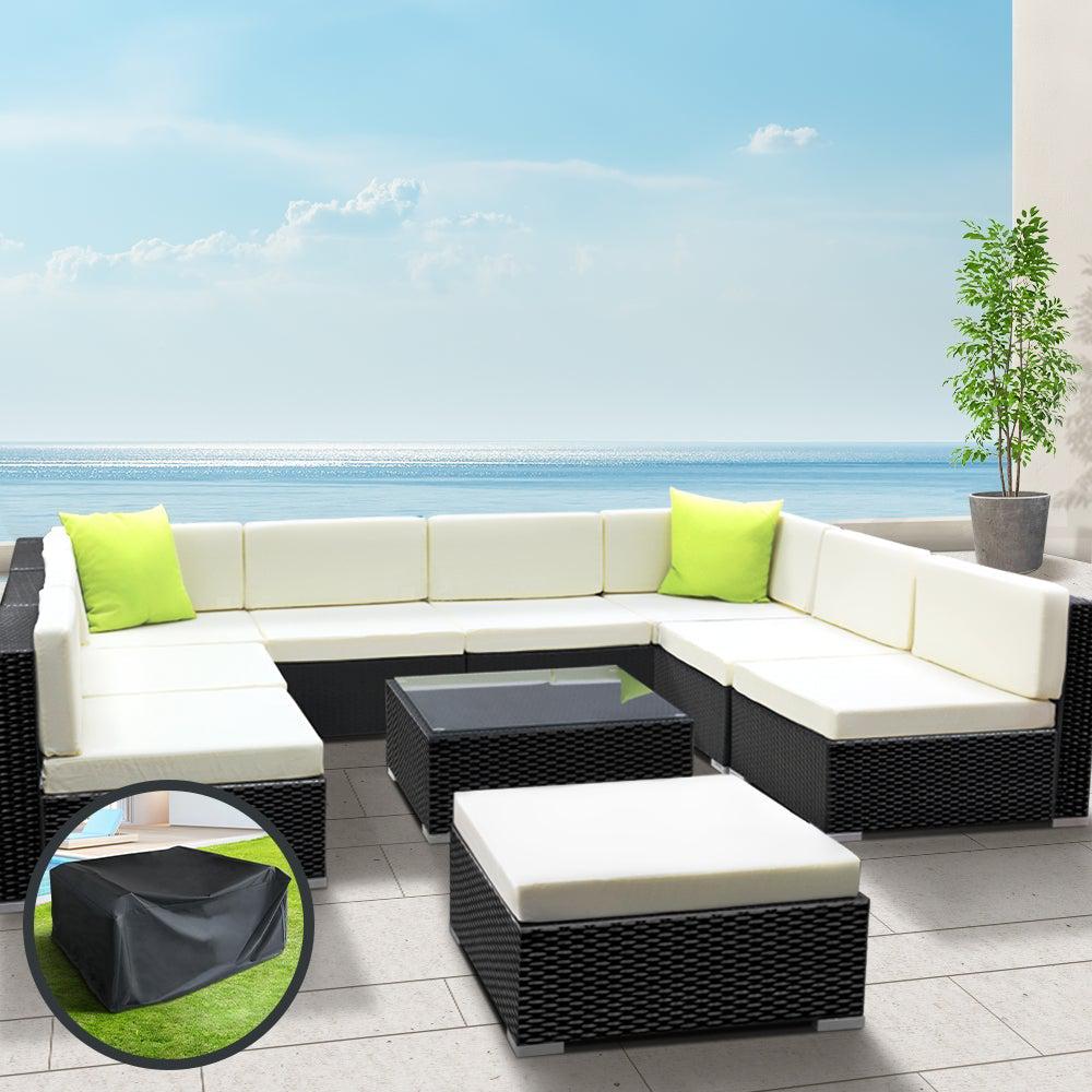10PC Sofa Set with Storage Cover Outdoor Furniture Wicker - Outdoorium