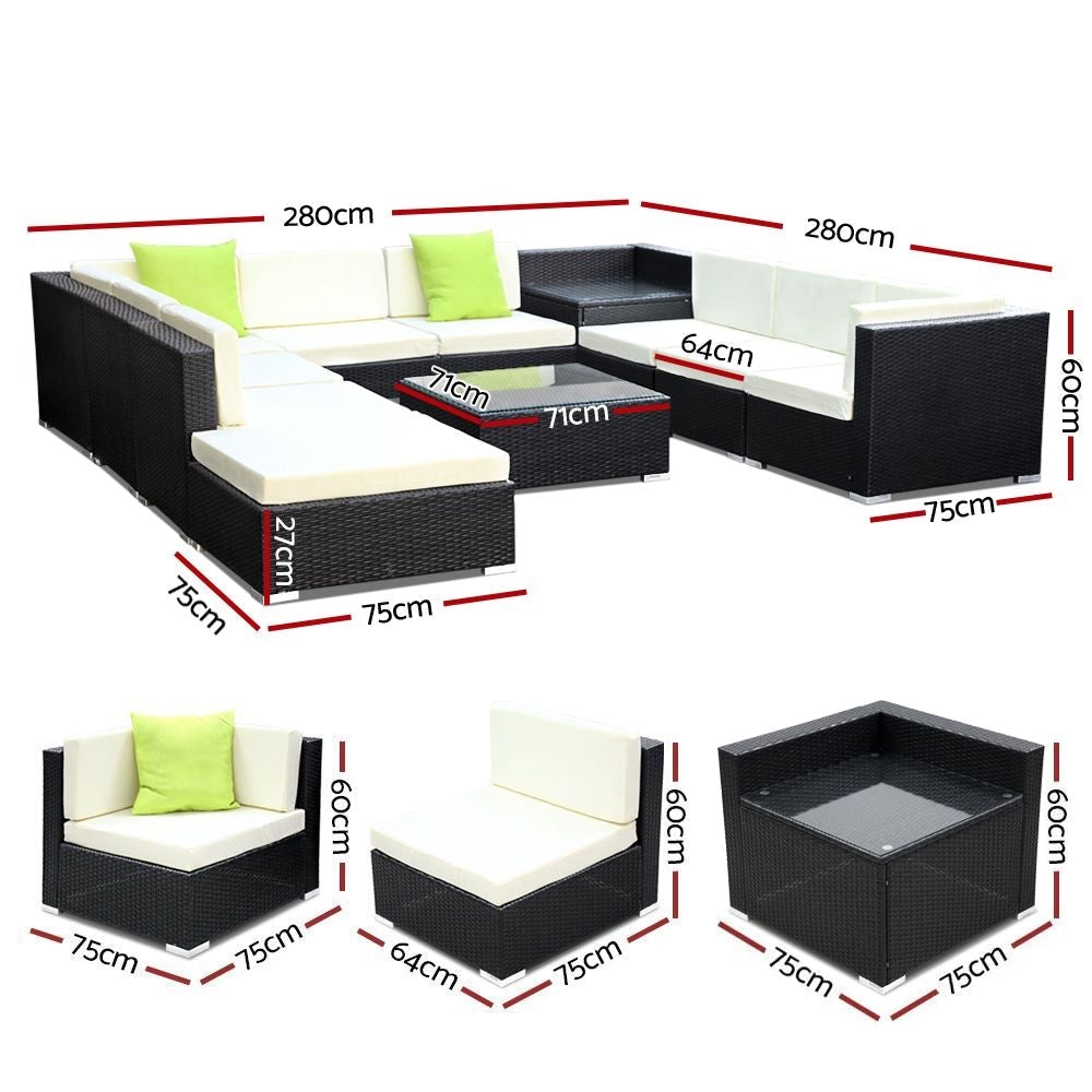 11PC Outdoor Furniture Sofa Set Wicker Garden Patio Lounge - Outdoorium