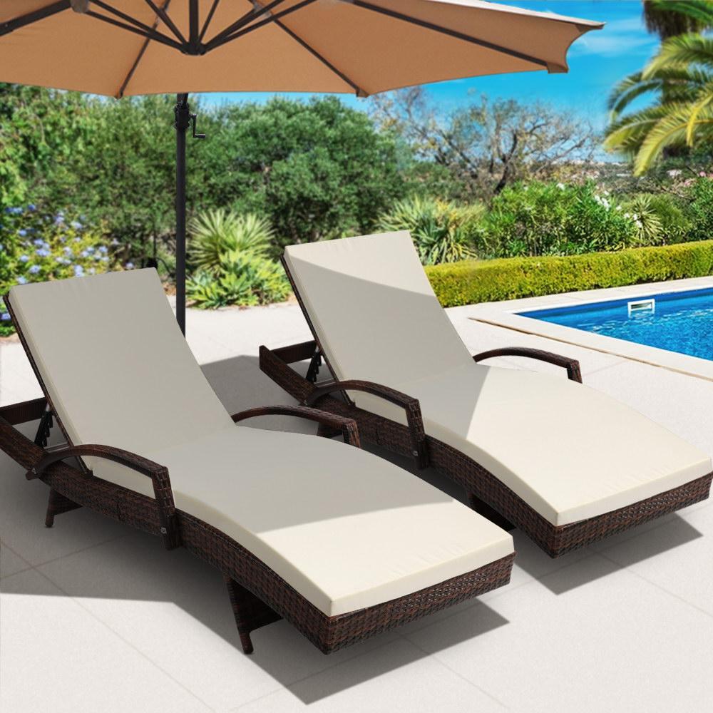 2pc Sun Lounge Outdoor Furniture Day Bed Rattan Wicker Lounger Patio - Outdoorium