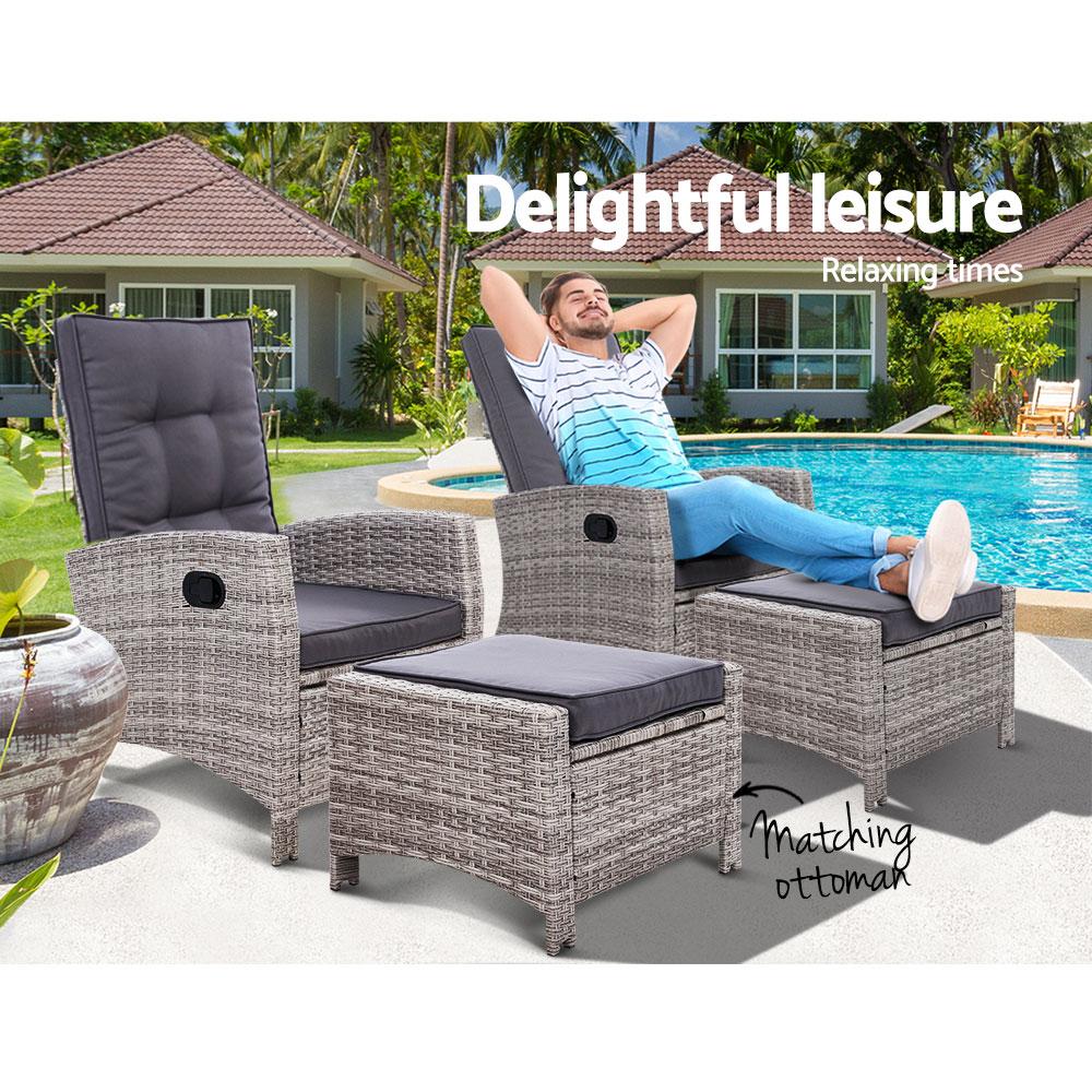 2PC Sun lounge Recliner Chair Wicker Lounger Sofa Day Bed Outdoor Chairs Patio Furniture Garden Cushion Ottoman - Outdoorium