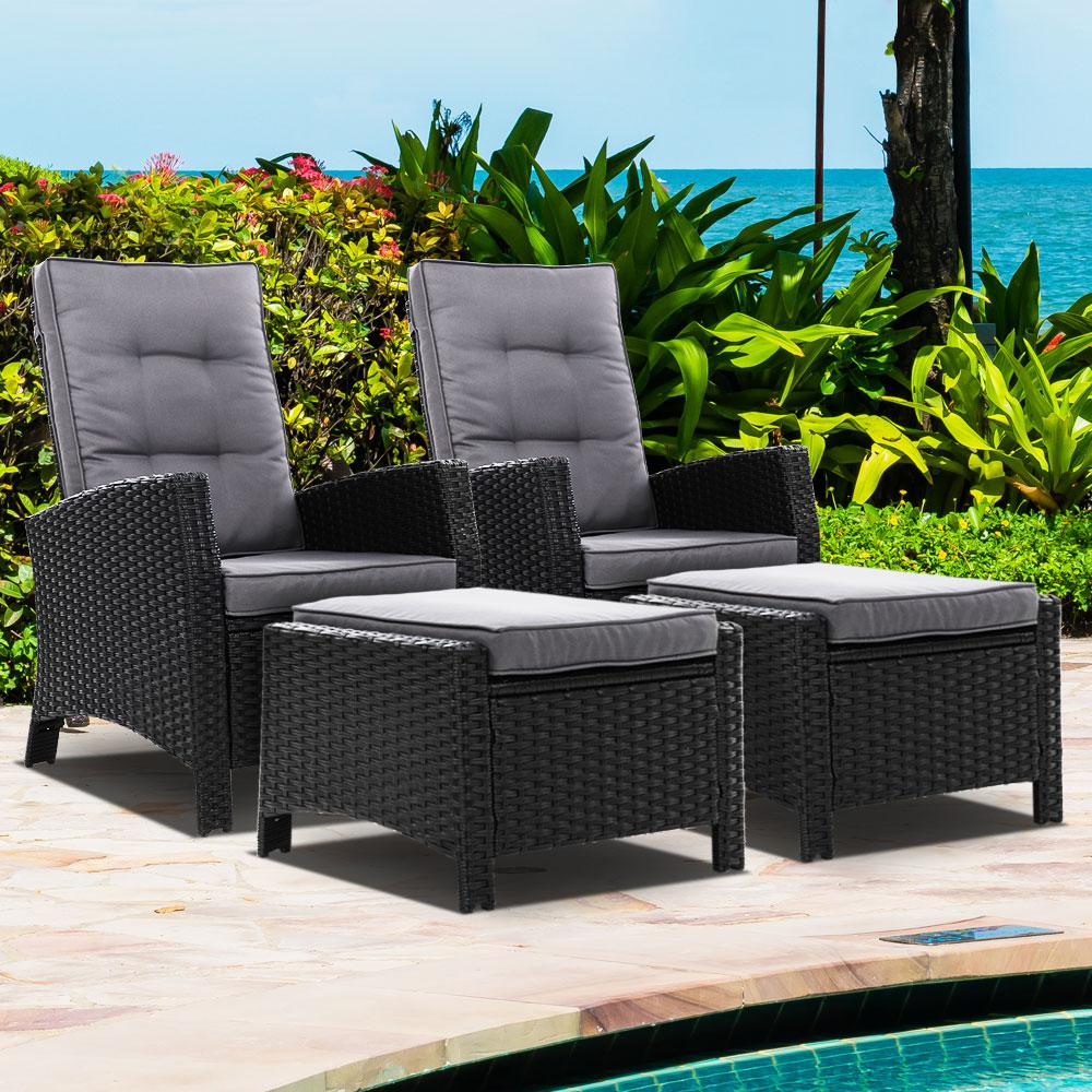 2PC Sun lounge Recliner Chair Wicker Lounger Sofa Day Bed Outdoor Chairs Patio Furniture Garden Cushion Ottoman - Outdoorium