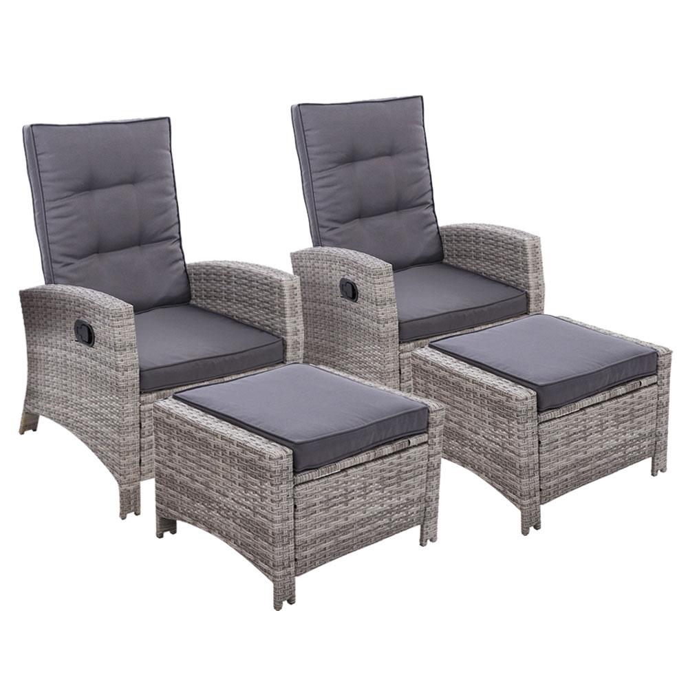 2PC Sun lounge Recliner Chair Wicker Lounger Sofa Day Bed Outdoor Chairs Patio Furniture Garden Cushion Ottoman - Outdoorium