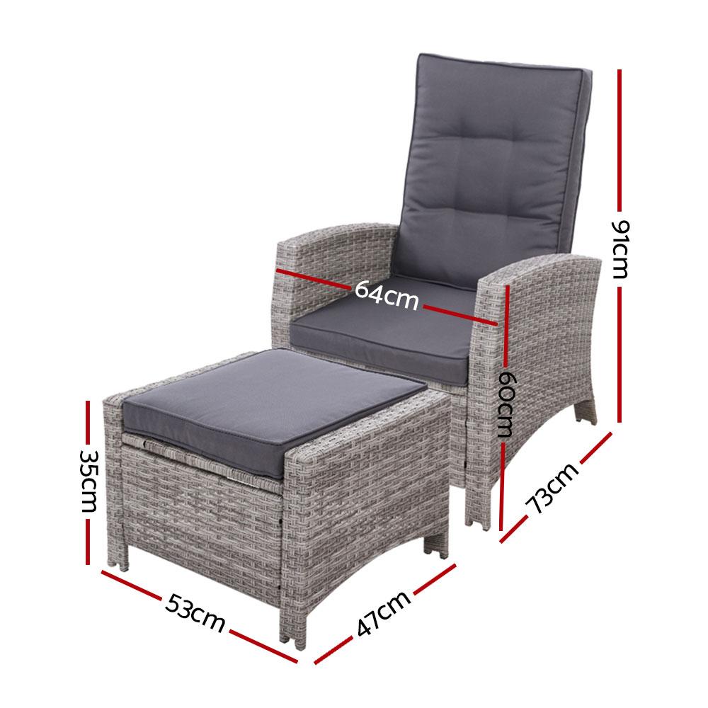 2PC Sun lounge Recliner Chair Wicker Lounger Sofa Day Bed Outdoor Chairs Patio Furniture Garden Cushion Ottoman - Outdoorium