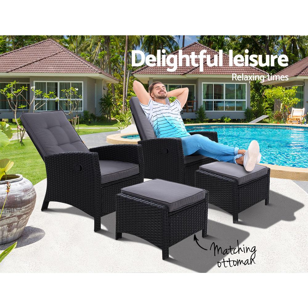 2PC Sun lounge Recliner Chair Wicker Lounger Sofa Day Bed Outdoor Chairs Patio Furniture Garden Cushion Ottoman - Outdoorium