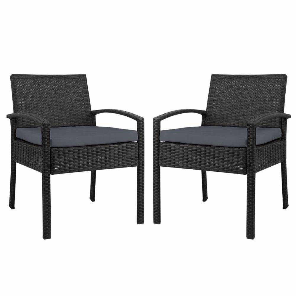 2x Outdoor Dining Chairs Wicker Chair Patio Garden Furniture Lounge Setting Bistro Set Cafe Cushion Black - Outdoorium