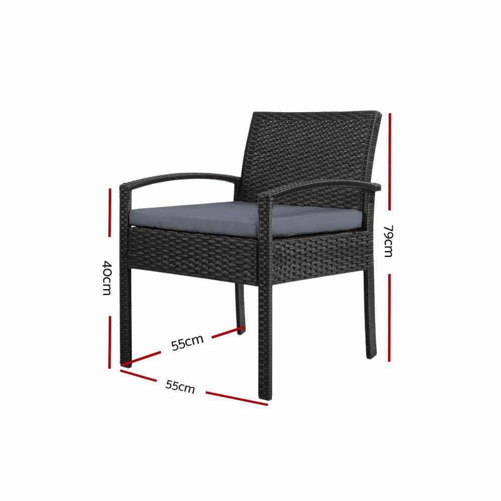 2x Outdoor Dining Chairs Wicker Chair Patio Garden Furniture Lounge Setting Bistro Set Cafe Cushion Black - Outdoorium