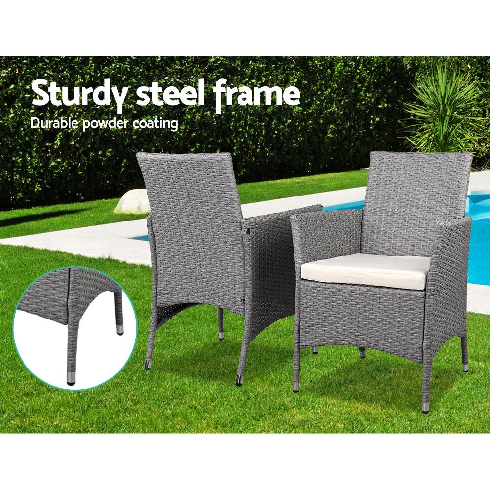 3 Piece Wicker Outdoor Chair Side Table Furniture Set - Grey - Outdoorium