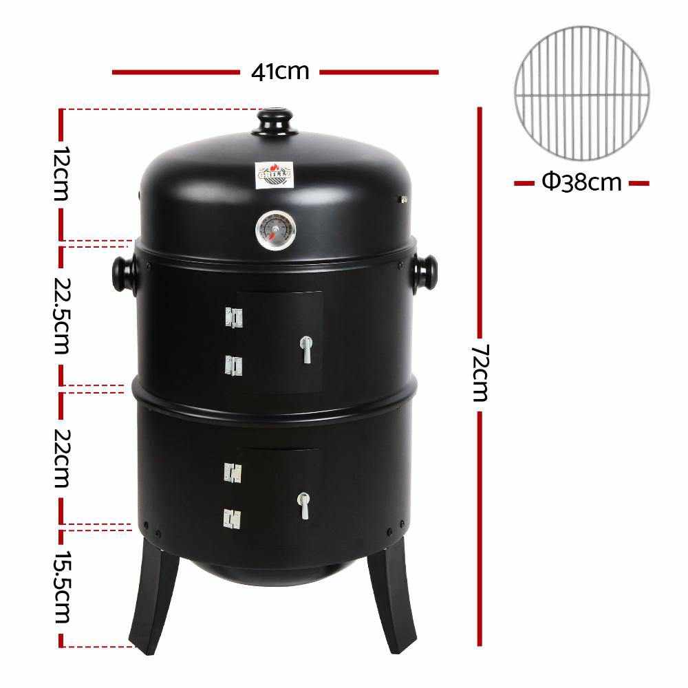 3-in-1 Charcoal BBQ Smoker - Black - Outdoorium