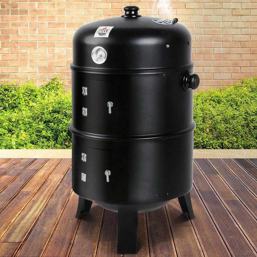 3-in-1 Charcoal BBQ Smoker - Black - Outdoorium
