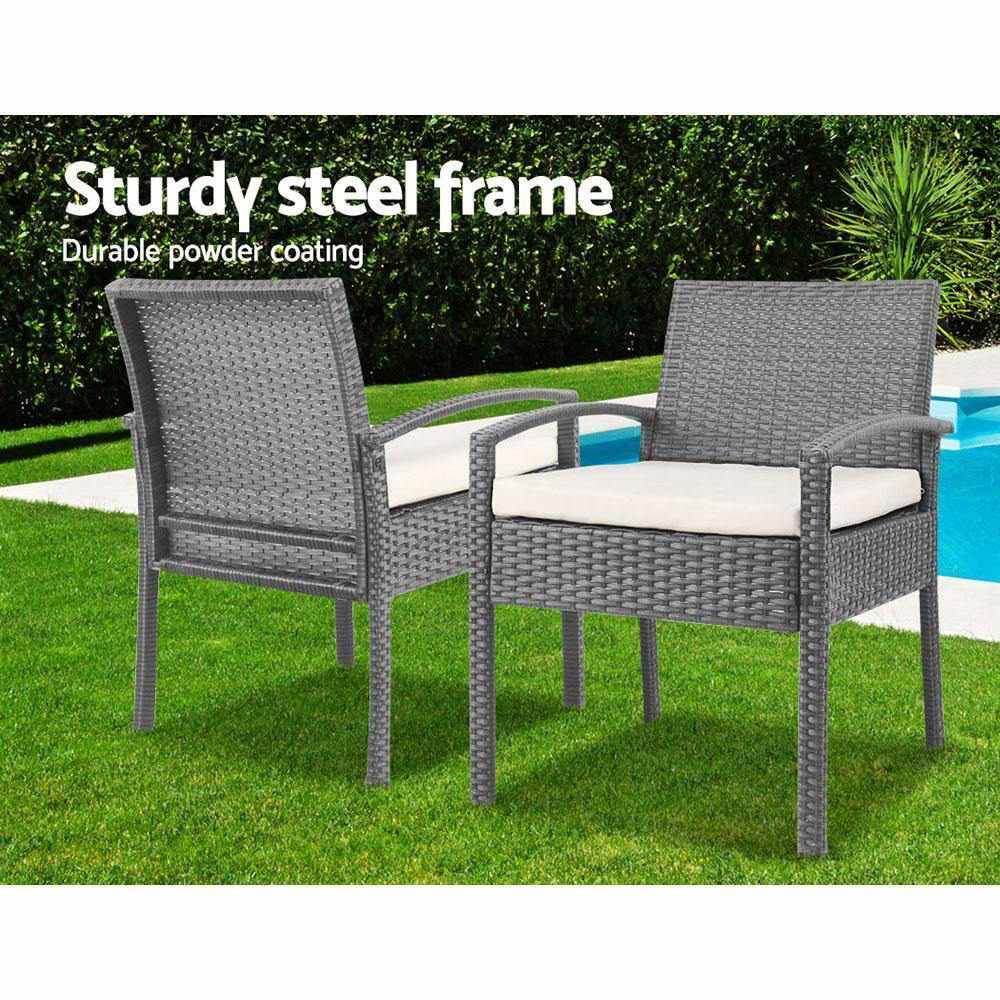 Gardeon 3PC Patio Furniture Bistro Set Wicker Outdoor Lounge Setting Grey | Outdoorium