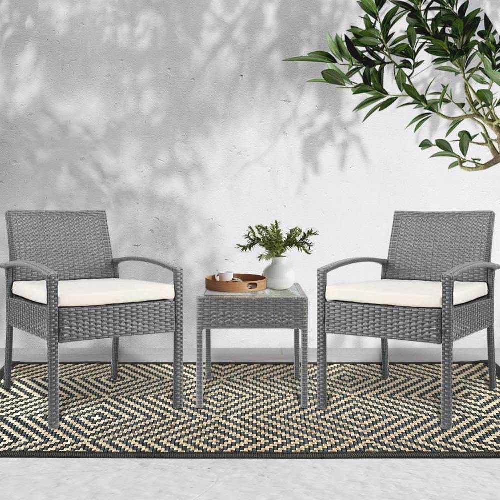 Gardeon 3PC Patio Furniture Bistro Set Wicker Outdoor Lounge Setting Grey | Outdoorium