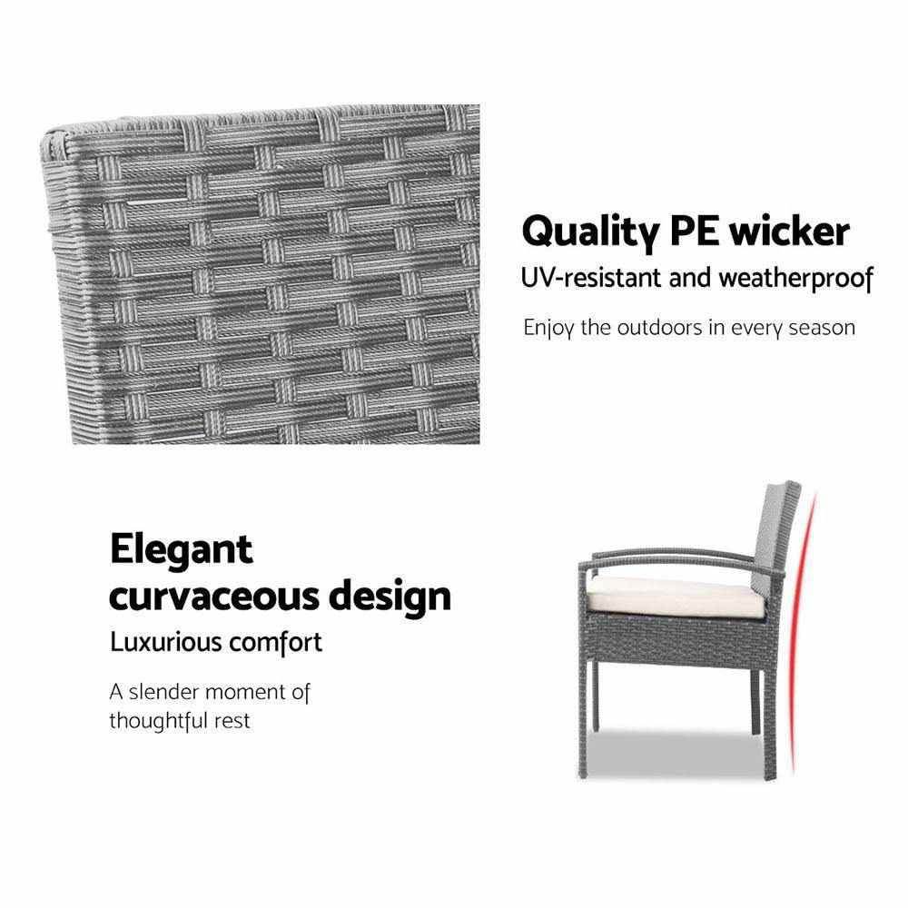 Gardeon 3PC Patio Furniture Bistro Set Wicker Outdoor Lounge Setting Grey | Outdoorium