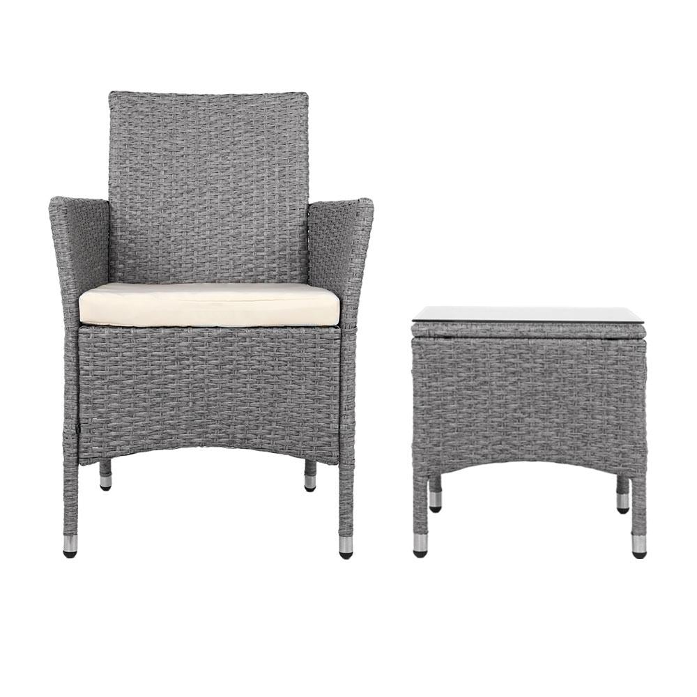 3 Piece Wicker Outdoor Chair Side Table Furniture Set - Grey - Outdoorium