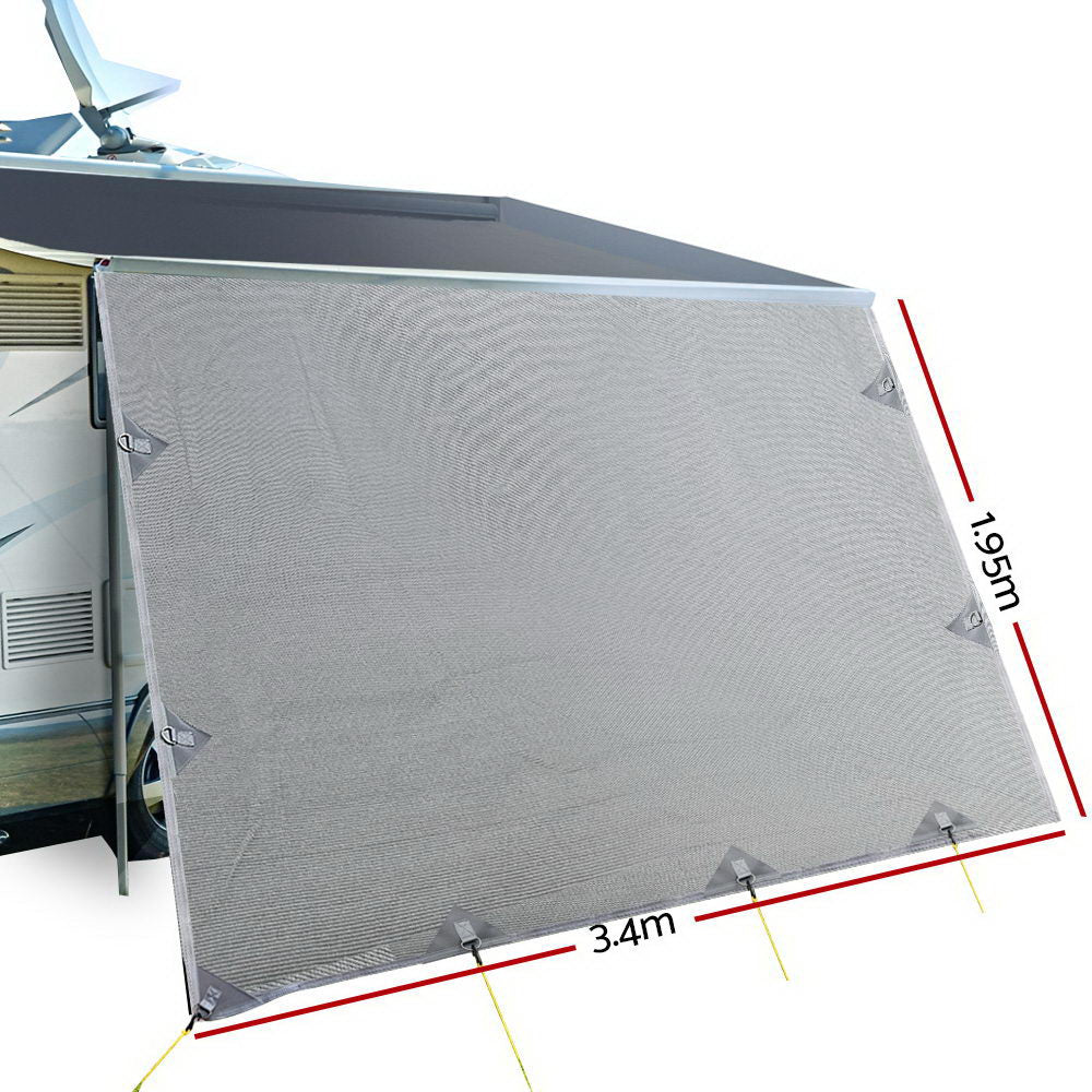 3.4M Caravan Privacy Screens 1.95m Roll Out Awning End Wall Side Sun Shade - Outdoorium