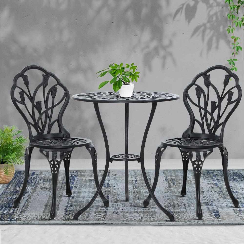 3PC Outdoor Setting Cast Aluminium Bistro Table Chair Patio Black - Outdoorium