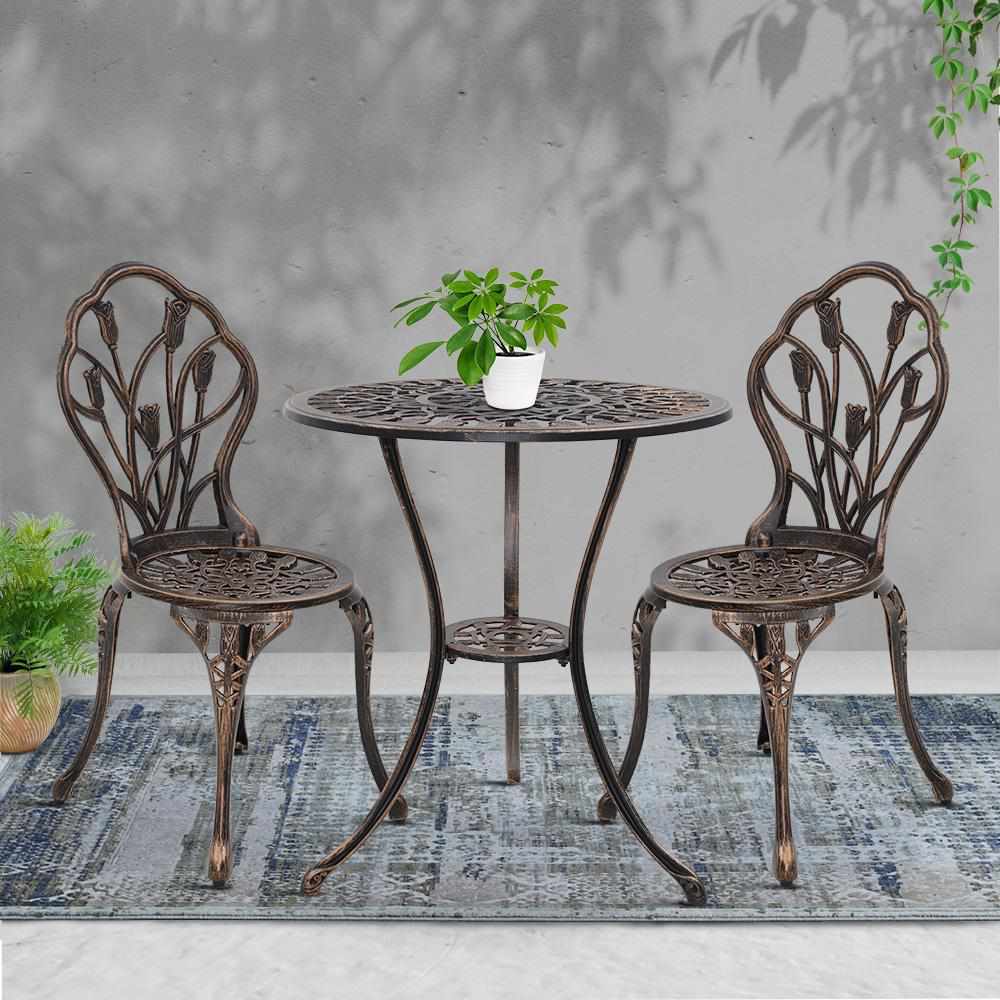 3PC Outdoor Setting Cast Aluminium Bistro Table Chair Patio Bronze - Outdoorium