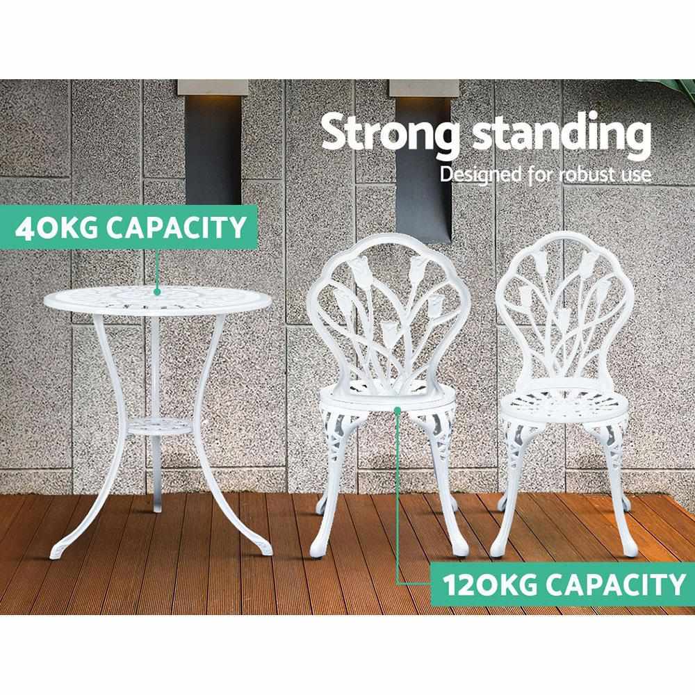 3PC Outdoor Setting Cast Aluminium Bistro Table Chair Patio White - Outdoorium