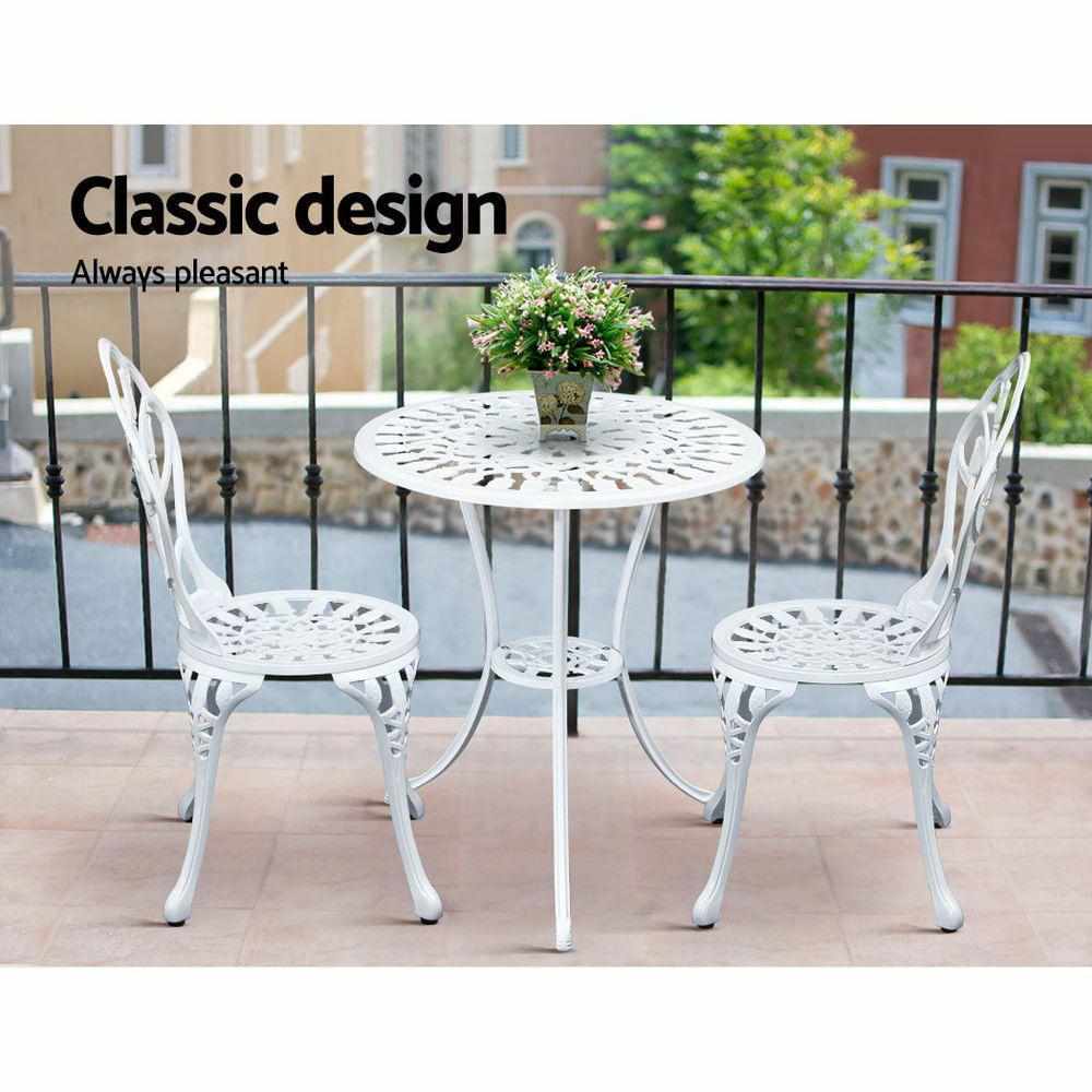 3PC Outdoor Setting Cast Aluminium Bistro Table Chair Patio White - Outdoorium