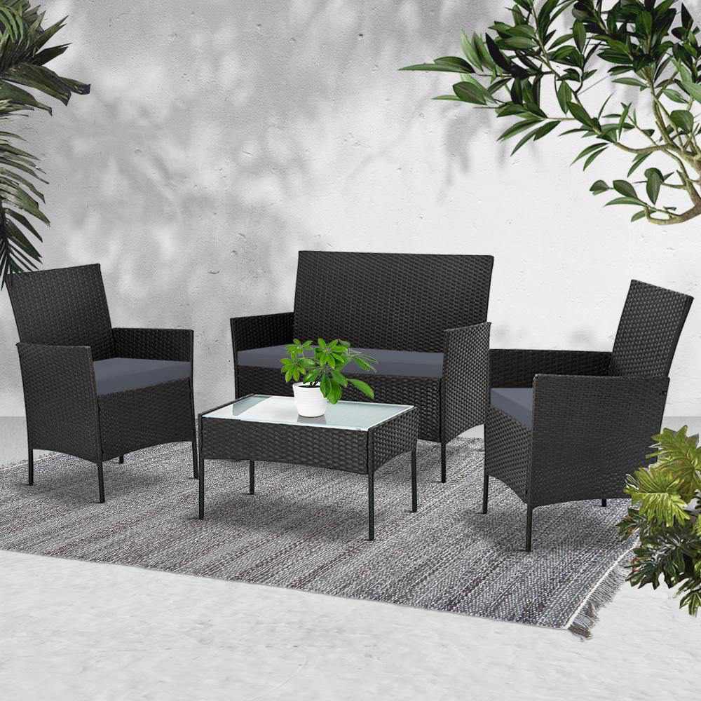 Gardeon 4-piece Outdoor Lounge Setting Wicker Patio Furniture Dining Set Black - Outdoorium