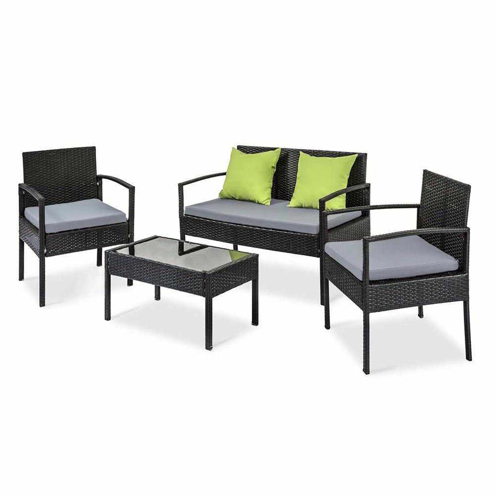 4 Seater Sofa Set Outdoor Furniture Lounge Setting Wicker Chairs Table Rattan Lounger Bistro Patio Garden Cushions Black - Outdoorium