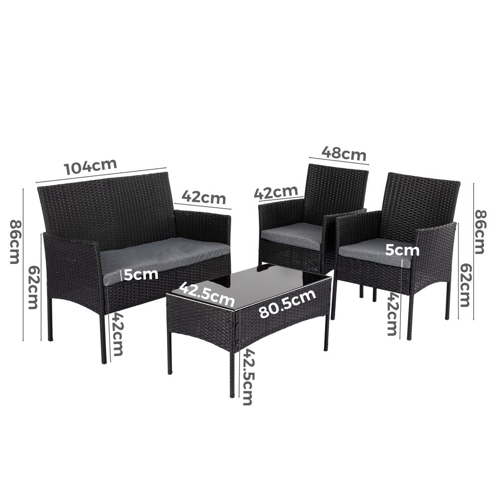 4 Seater Wicker Outdoor Lounge Set - Black - Outdoorium