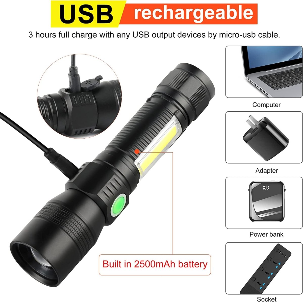 7 Modes Waterproof Rechargeable UV Light Flashlight Torch for Camping - Outdoorium
