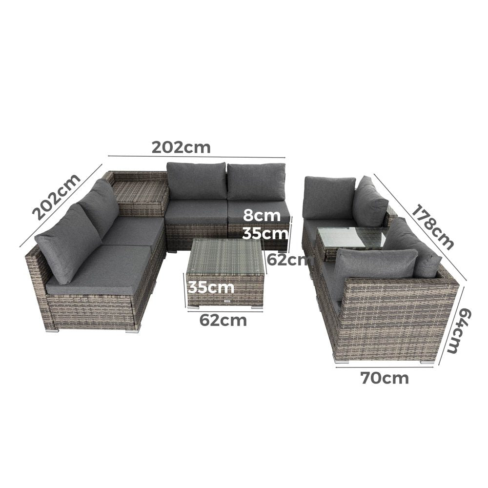 9PCS Outdoor Furniture Modular Lounge Sofa with Wicker End Table - Outdoorium