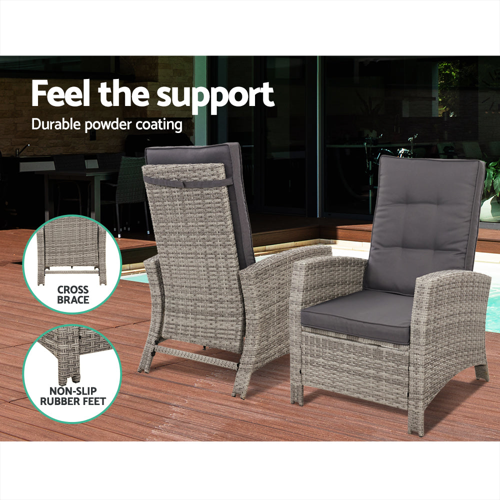 Outdoor Setting Recliner Chair Table Set Wicker lounge Patio Furniture Grey - Outdoorium