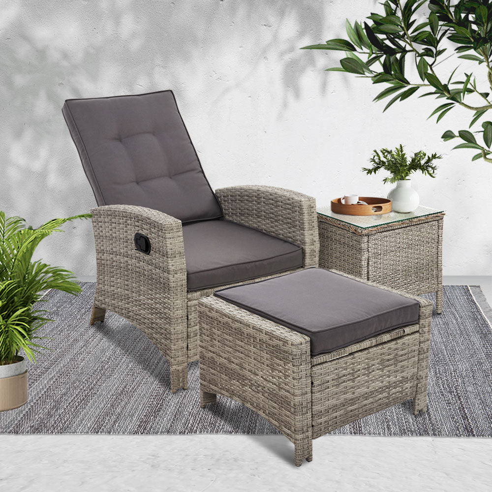 Outdoor Setting Recliner Chair Table Set Wicker lounge Patio Furniture Grey - Outdoorium