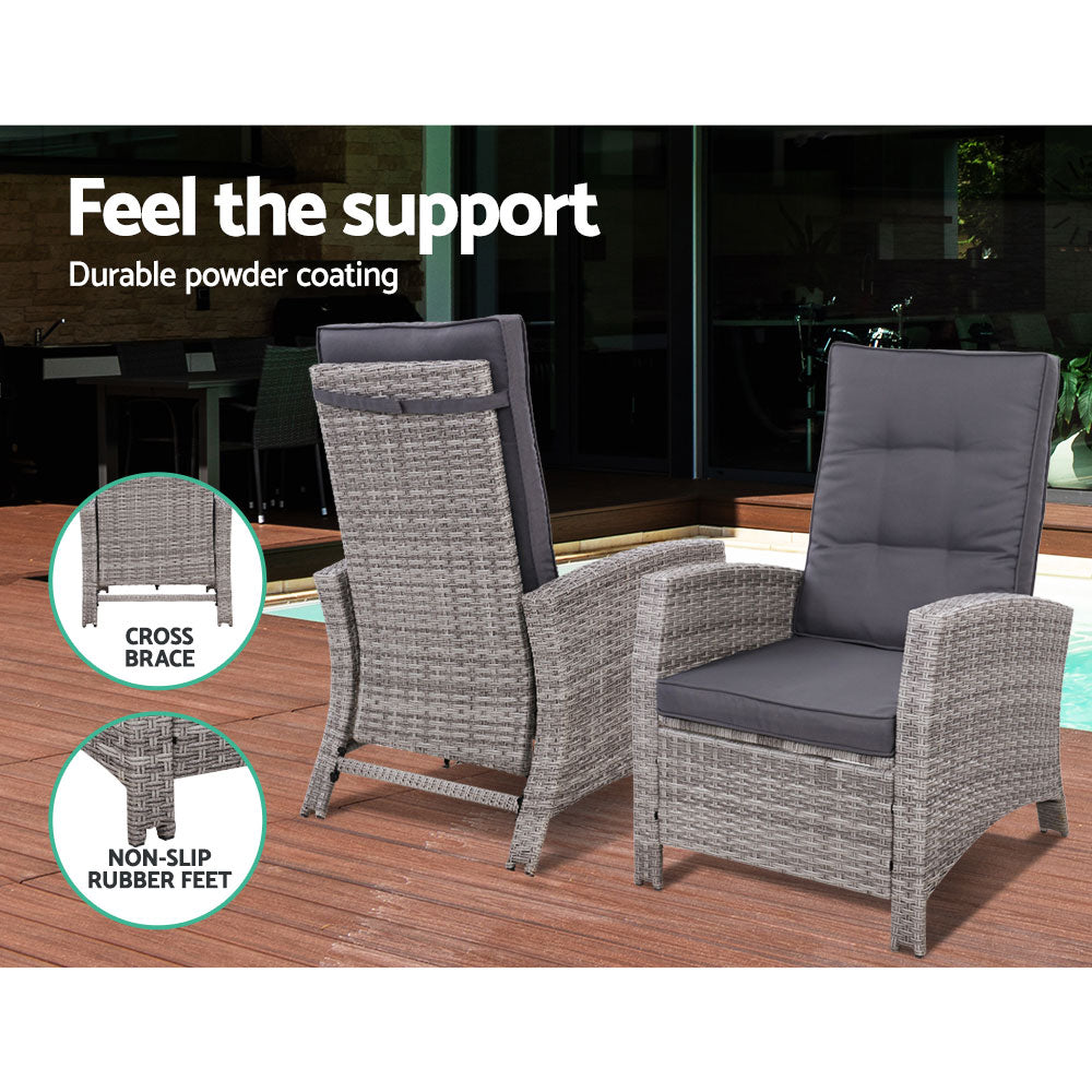 Outdoor Setting Recliner Chair Table Set Wicker lounge Patio Furniture Grey - Outdoorium