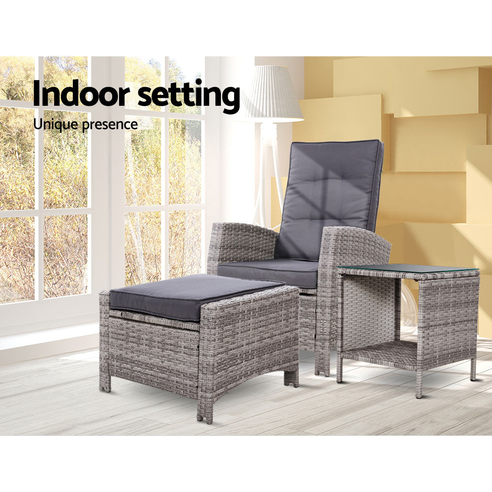 Outdoor Setting Recliner Chair Table Set Wicker lounge Patio Furniture Grey - Outdoorium
