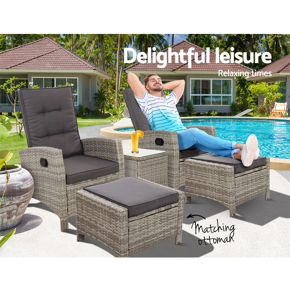 Outdoor Patio Furniture Recliner Chairs Table Setting Wicker Lounge 5pc Grey - Outdoorium
