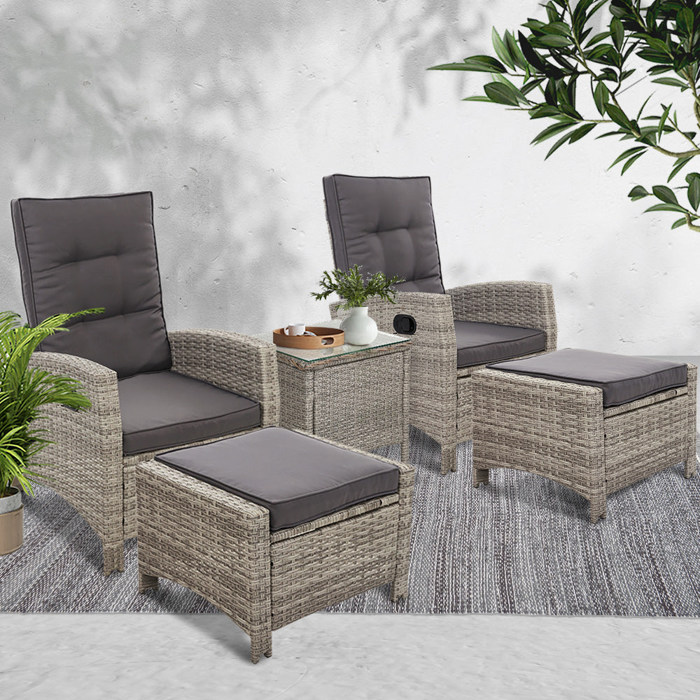 Outdoor Patio Furniture Recliner Chairs Table Setting Wicker Lounge 5pc Grey - Outdoorium