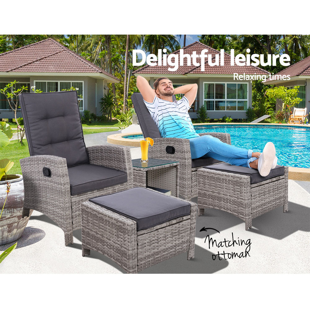 Outdoor Patio Furniture Recliner Chairs Table Setting Wicker Lounge 5pc Grey - Outdoorium